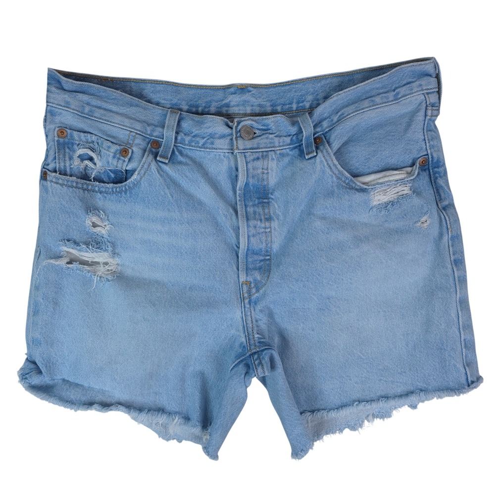 Levis 501 Denim Shorts Womens 32‎ (34x6) Distressed Raw Hem Button Fly Boho Y2K
